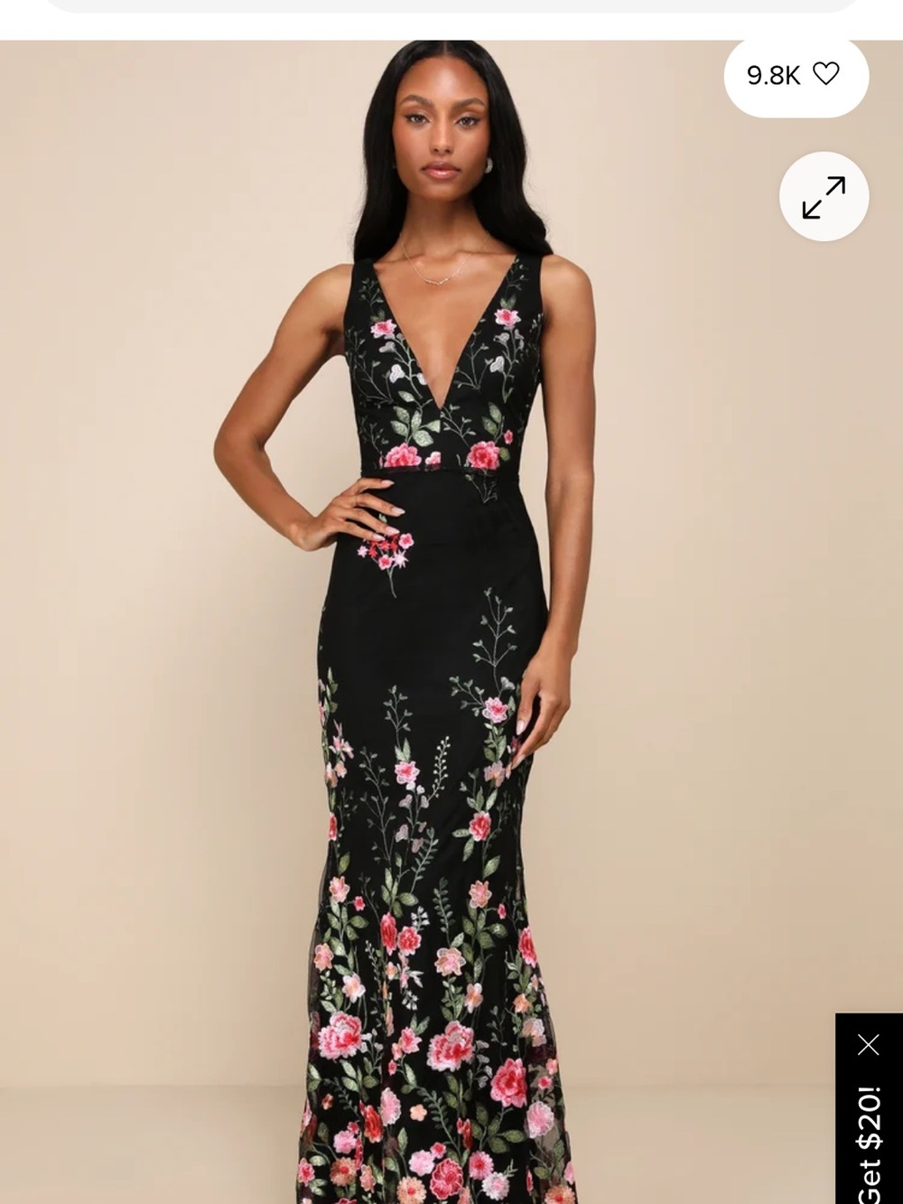 Lulu's Black Maxi Dress with Pink & Green Floral Embroidery